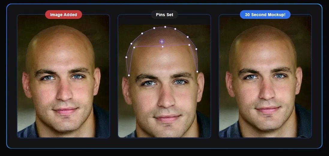 SMP mockup process: upload photo, set hairline pins, get 30-second realistic mockup result